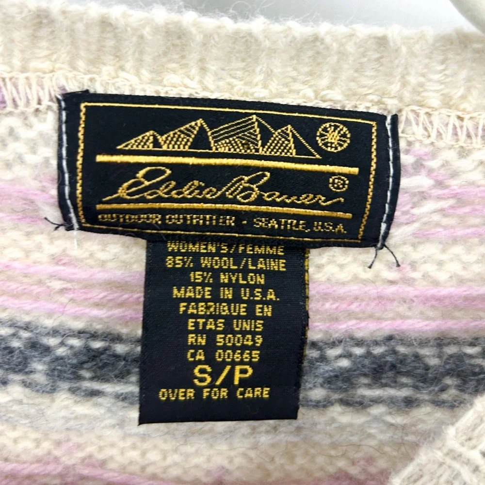 Vintage Eddie Bauer Cream Pink Wool Snowflake Fair Isle Christmas Sweater